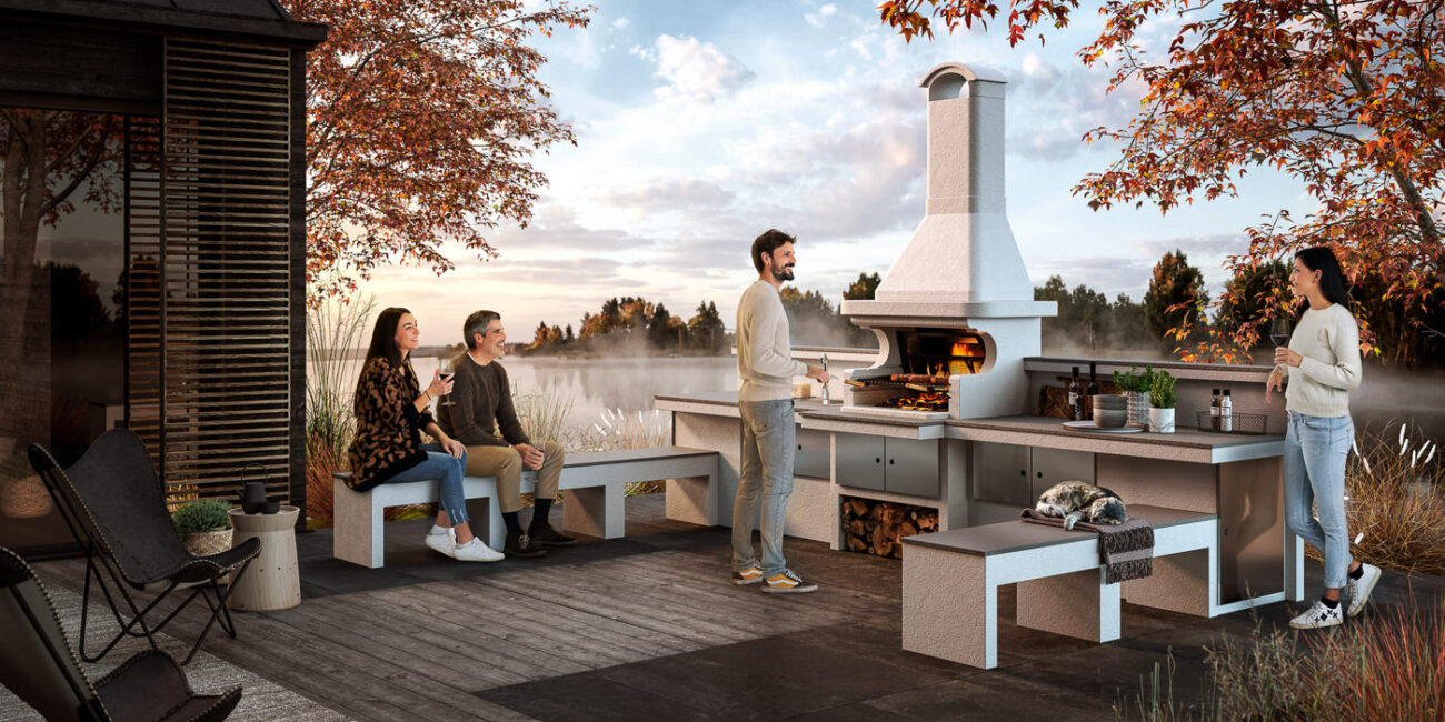 Foto campagna pubblicitaria per azienda con barbecue e modelli in esterno
